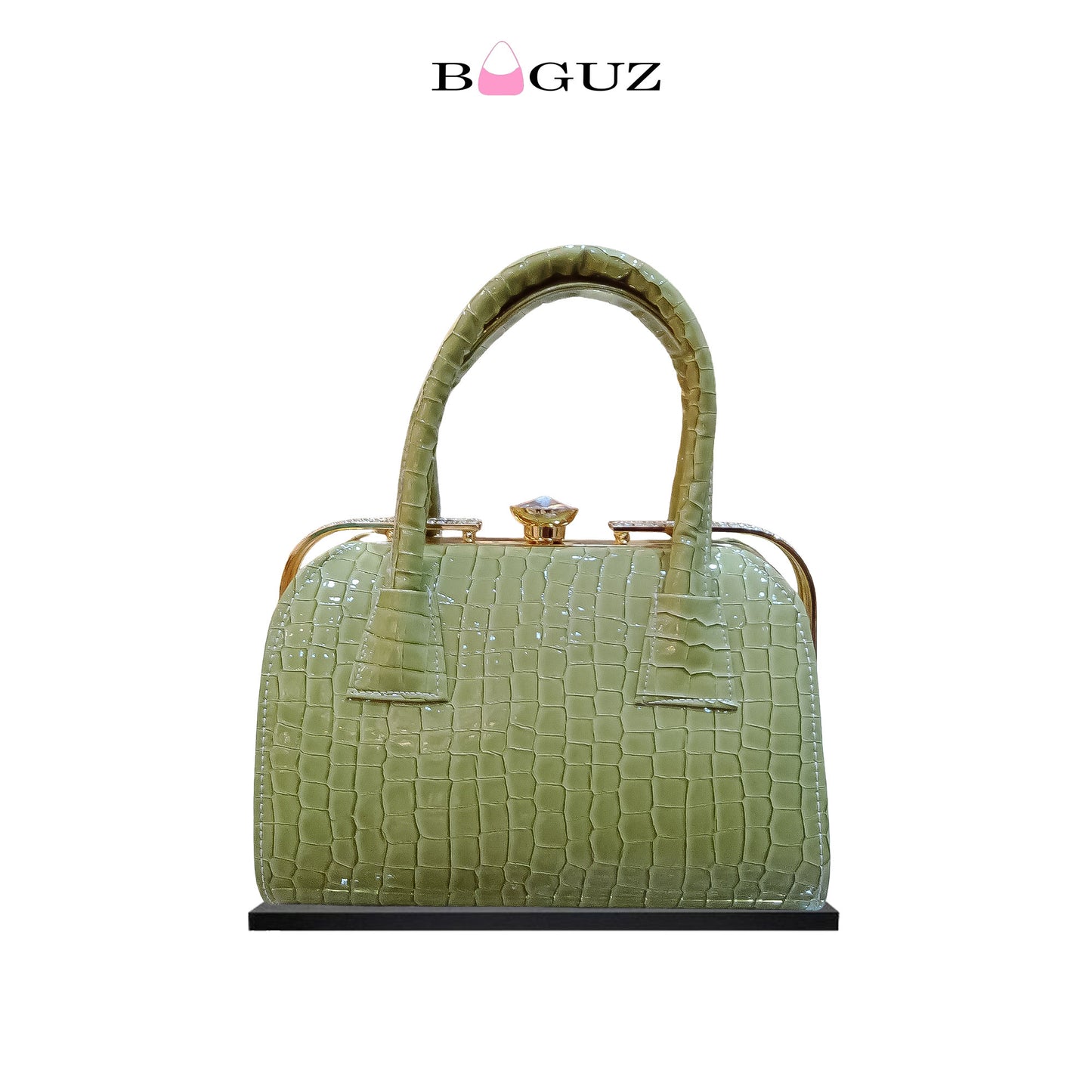 Green Croc-Textured Diamond Lock Handbag