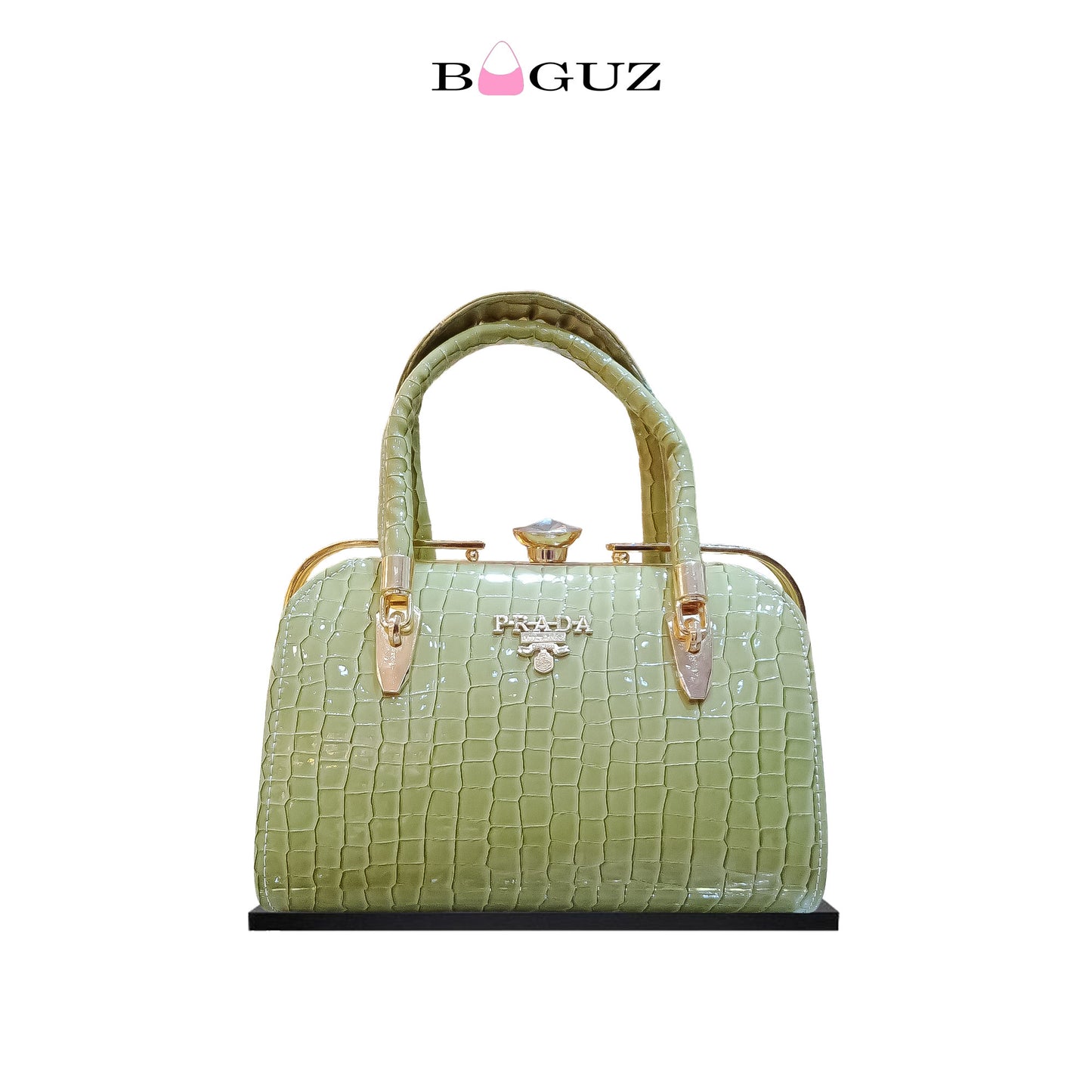 Green Croc-Textured Diamond Lock Handbag