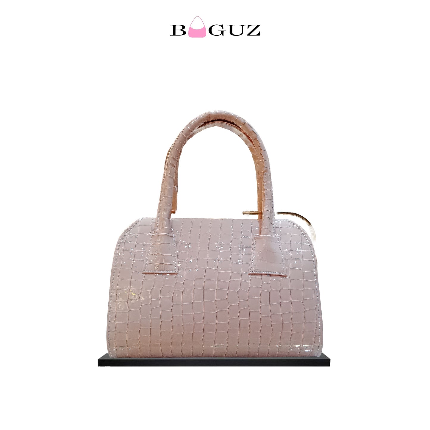 Baby Pink Croc-Textured Diamond Lock Handbag