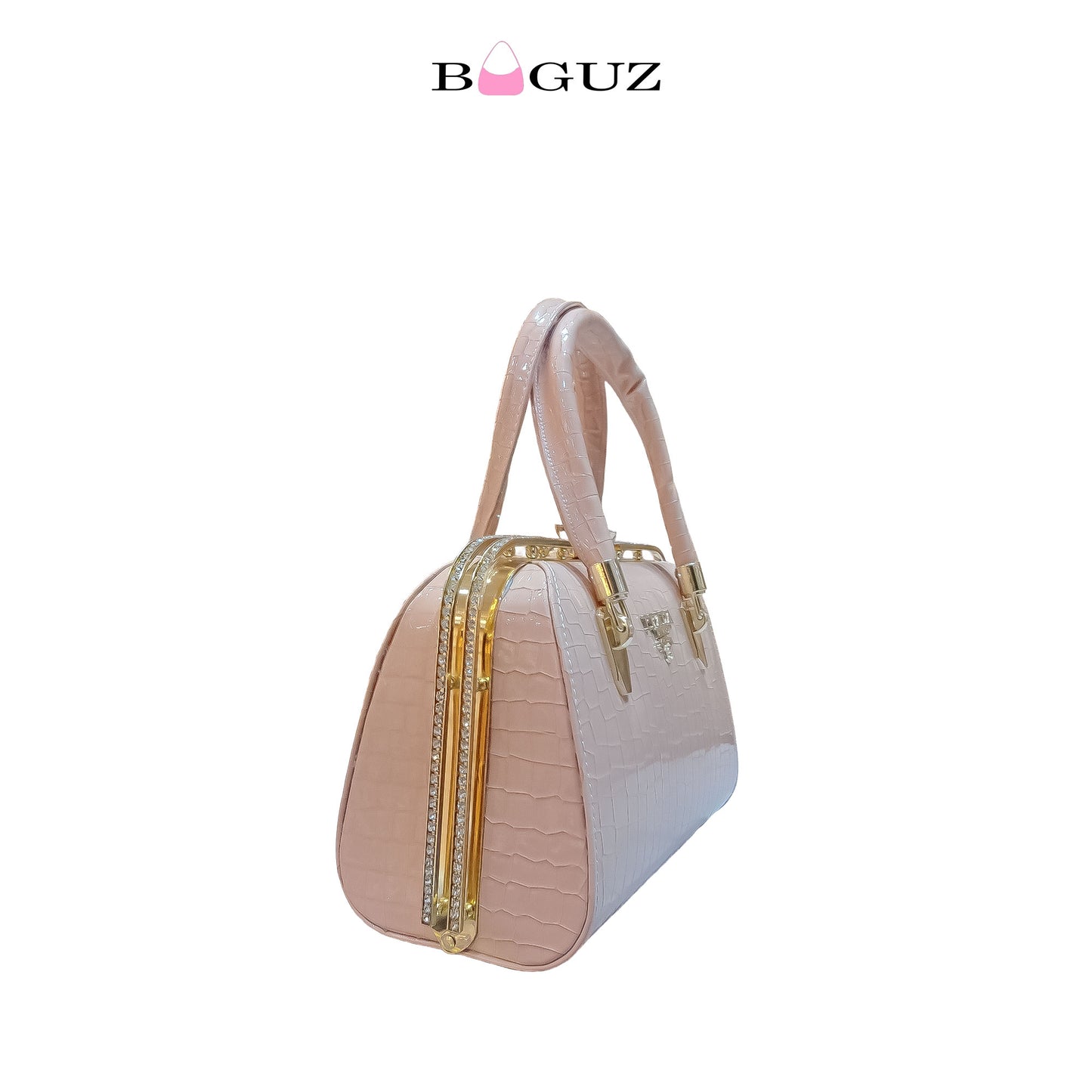 Baby Pink Croc-Textured Diamond Lock Handbag