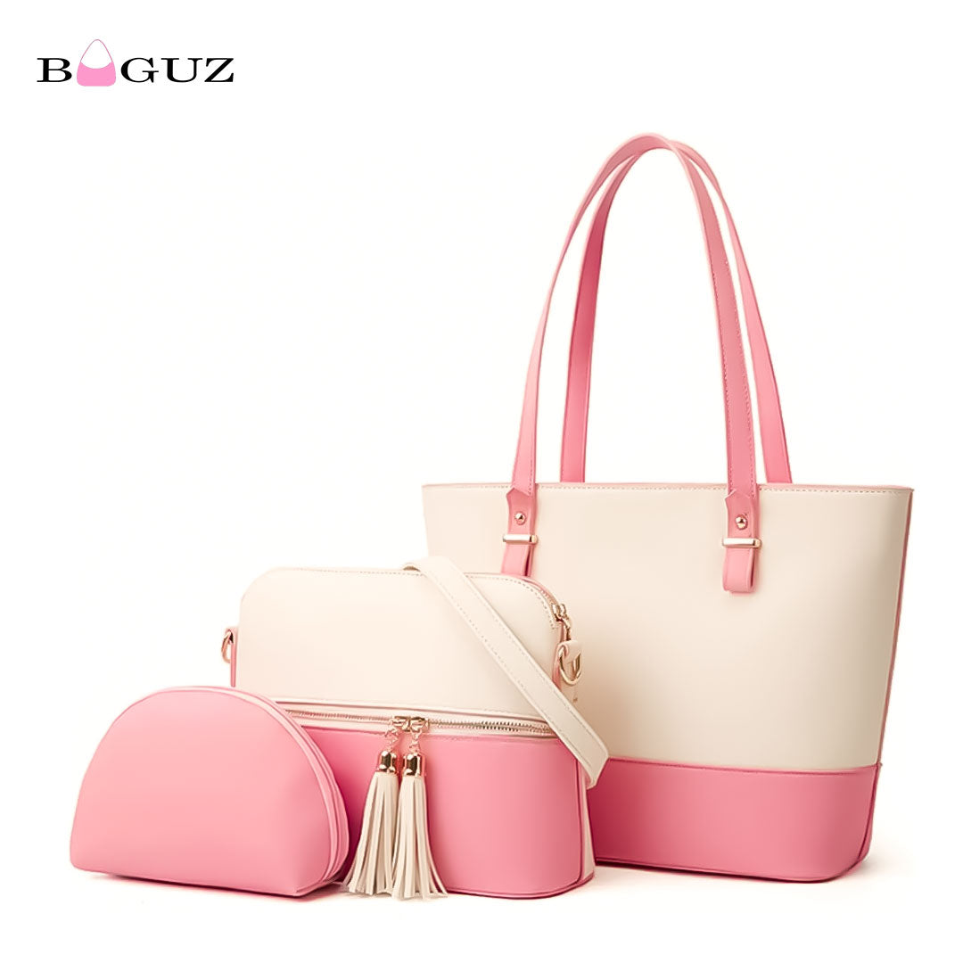 BAGUZ 3-Piece Pink & Beige Handbag Set