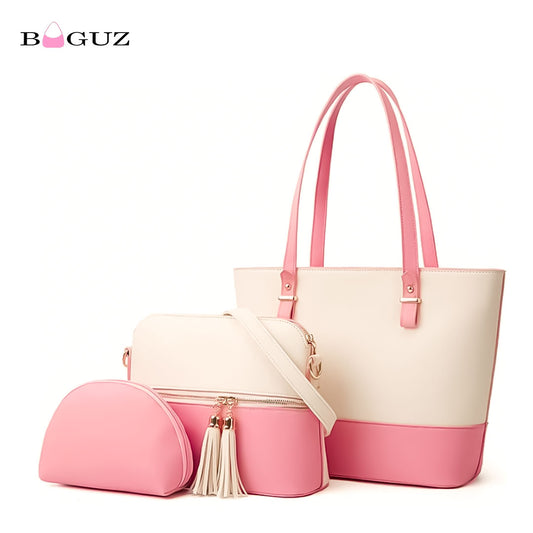 BAGUZ 3-Piece Pink & Beige Handbag Set