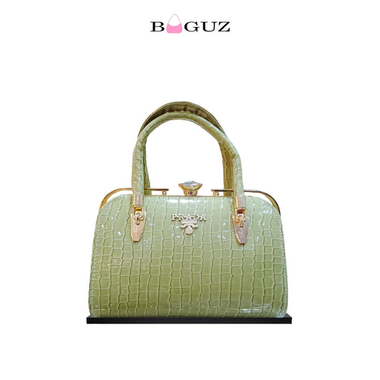 Green Croc-Textured Diamond Lock Handbag