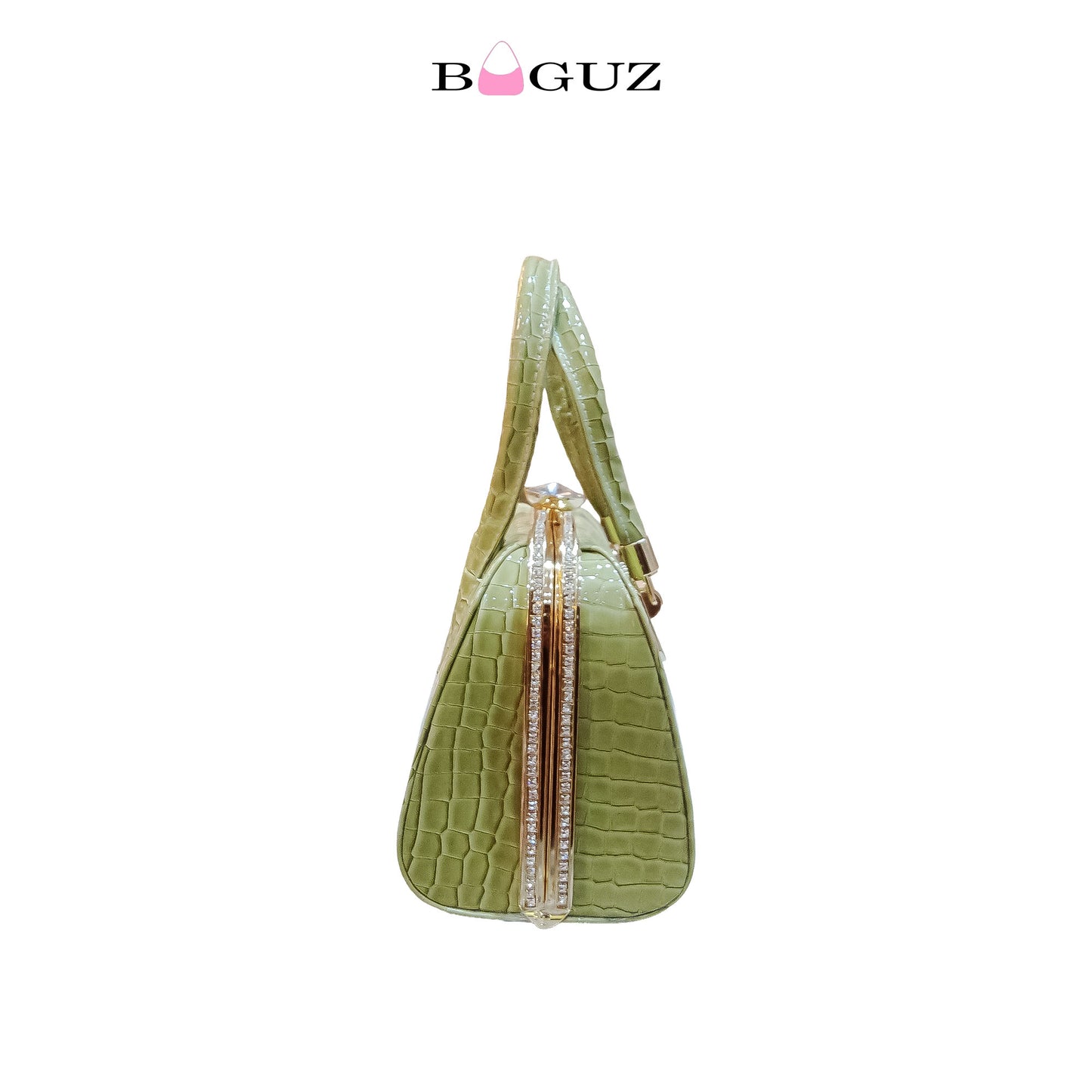 Green Croc-Textured Diamond Lock Handbag