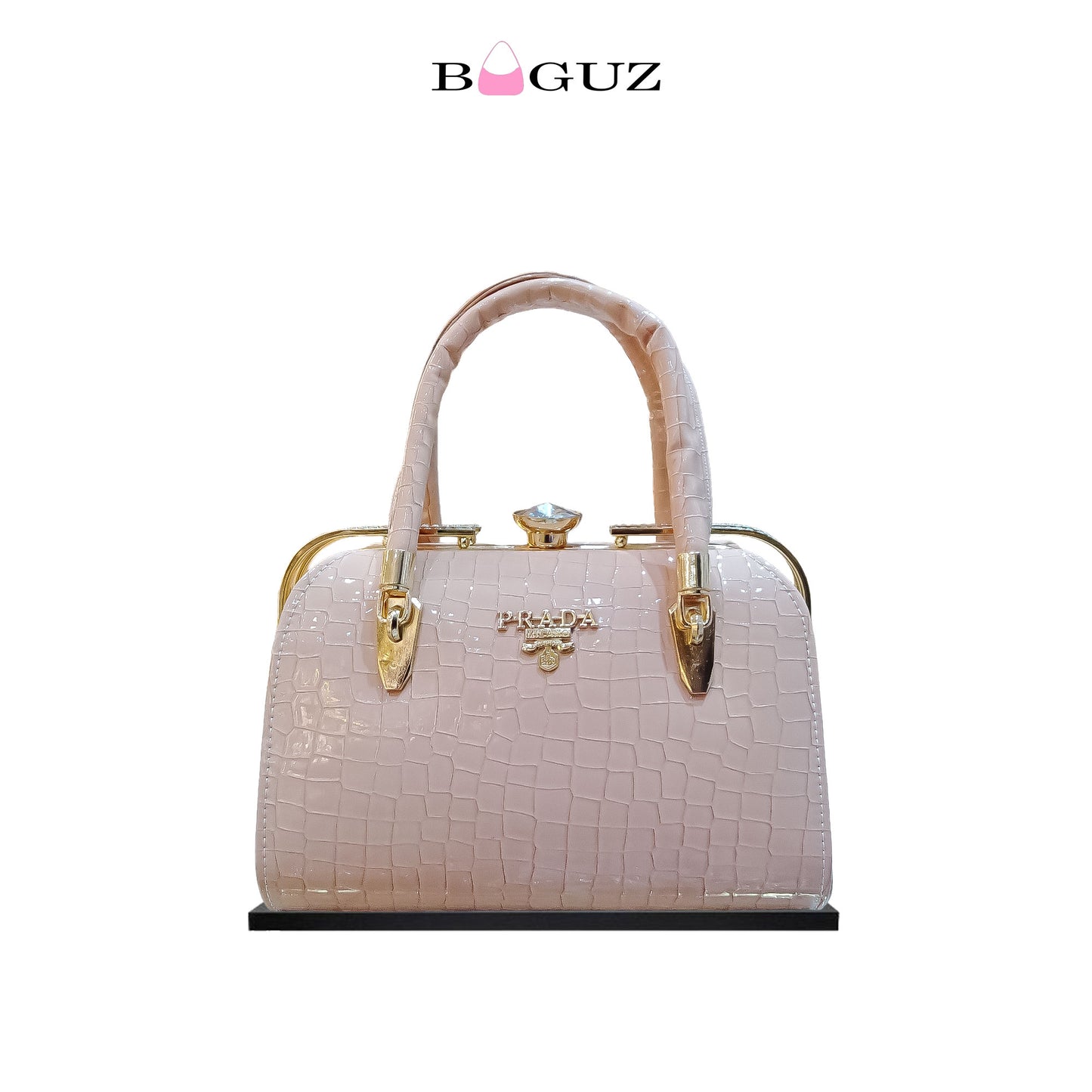 Baby Pink Croc-Textured Diamond Lock Handbag