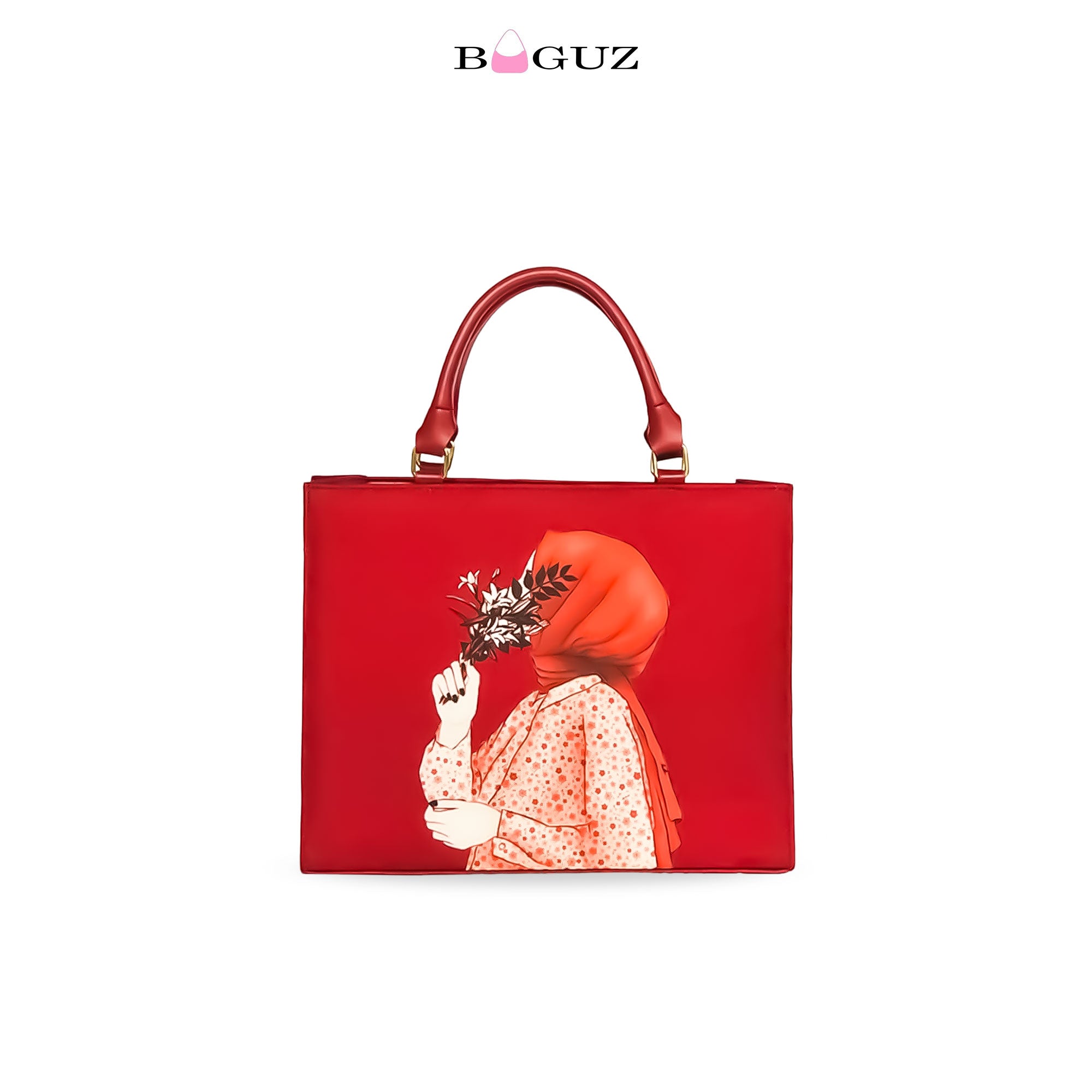 BAGUZ Red Handbag with Hijabi Art Design