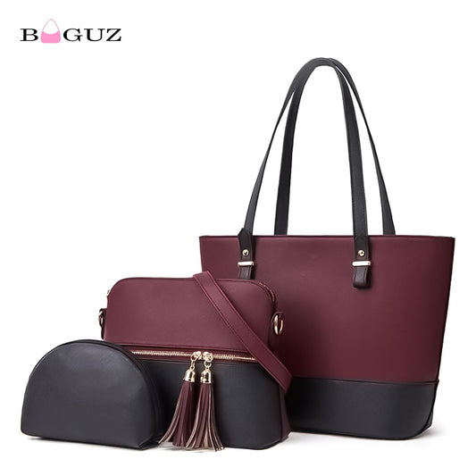 BAGUZ 3-Piece Meroon & Black Handbag Set