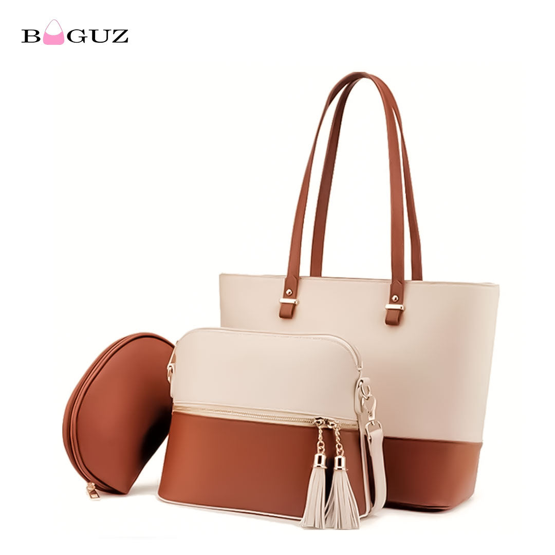 BAGUZ 3-Piece Pink & Beige Handbag Set