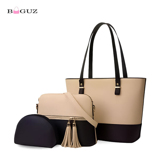 BAGUZ 3-Piece Beige & Black Handbag Set