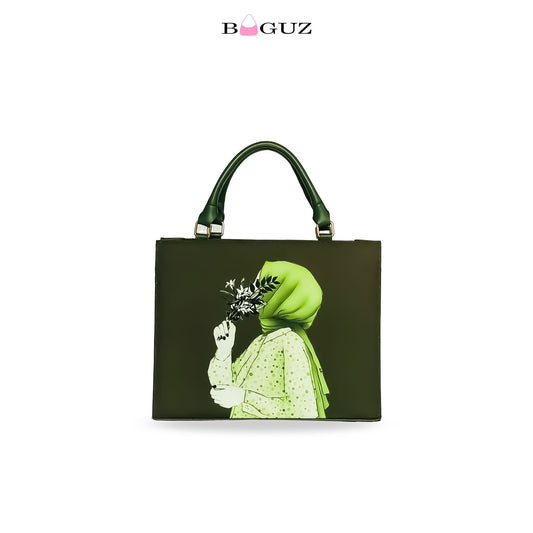 BAGUZ Green Handbag with Hijabi Art Design